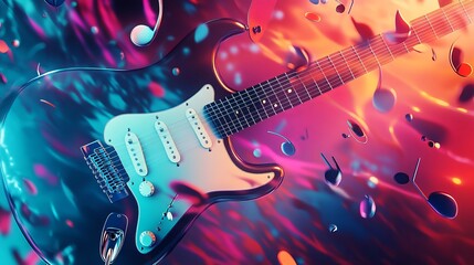 Animated music background featuring an electric guitar, vinyl record, and musical notes. Perfect for party flyers, invitations, and live concert announcements. 