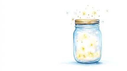 Fireflies inside a jar with watercolor stars and light trails, ethereal soft glow, isolated on white background