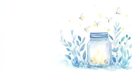 Fireflies in a jar surrounded by watercolor floral elements, soft glowing lights, romantic feel, isolated on white background