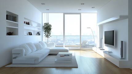 Fototapeta premium Modern Minimalist Living Room with Large Windows and City View in Bright Natural Light