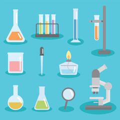 Chemistry laboratory equipment collection vector illustration. Microscope, Erlenmeyer flask, magnifying glass, dropper, measuring cylinder, alcohol lamp, beaker, Florence flask, test tube, beaker.