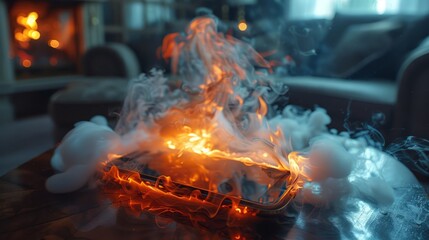 A smartphone, harmoniously placed on a house table, transforms into an alarming blaze, pointing to a heating issue from a malfunctioning battery