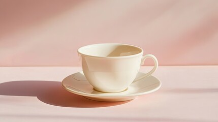 Obraz premium A simple white cup and saucer on a soft pink background, highlighting minimalism and elegance.
