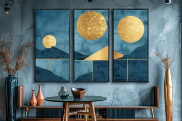 Modern Living Room Decor Featuring Artistic Mountain Landscapes and Golden Suns in a Stylish Interior Setting