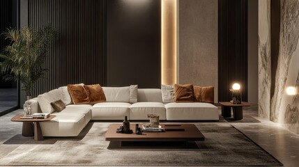 Modern Luxury Living Room with Elegant White Sofa and Warm Lighting in Contemporary Interior Design
