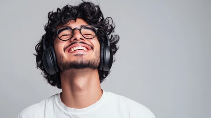 Obraz premium A young person with curly hair is wearing black headphones and a white shirt, seemingly immersed in the music they are listening to against a grey background.
