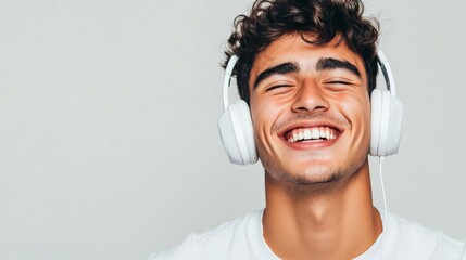A young man with curly hair and white headphones smiles broadly, exuding joy and excitement. The minimalistic backdrop provides a clean, modern vibe.