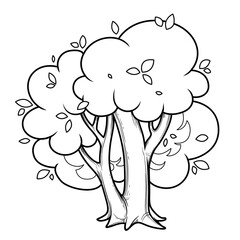 Large old forked deciduous tree linear drawing for coloring isolated on white background