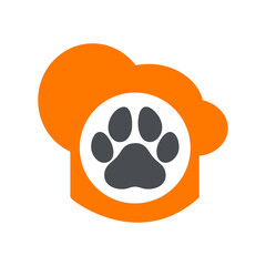 Logo de tienda de alimentos para mascotas. Silueta de pata de gato o perro en sombrero de cocinero