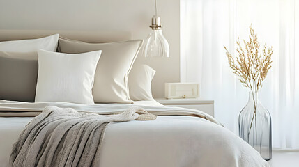 A serene bedroom scene with neutral tones, cozy bedding, and decorative elements.