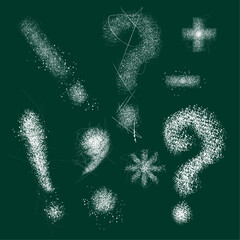 Collection of punctuation marks. Question and exclamation marks, comma, asterisk and period are handwritten with chalk on a chalk board.