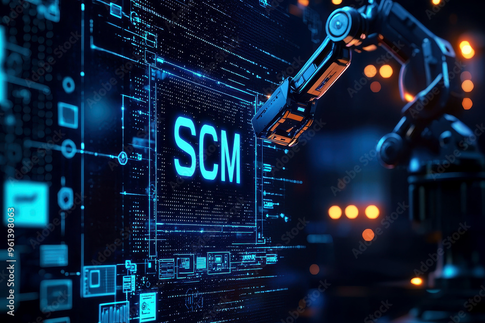 Poster supply chain management - scm concept banner with icons and a description of them. aspects of modern