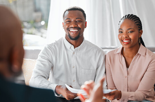 People, home and smile with contract or paperwork for new house, property and ownership as real estate agent. Couple, realtor and customer or client with document as title deed for agreement