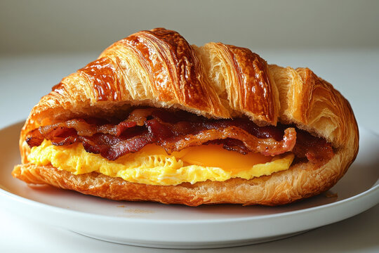 delicious bacon and cheese omelet croissant sandwich on white plate breakfast or brunch food concept