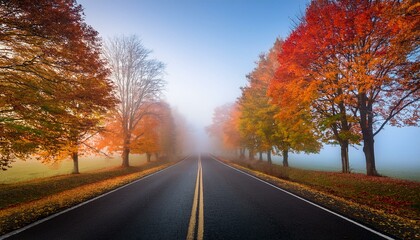 Obraz premium Wide shot of a foggy road lined with colorful trees 