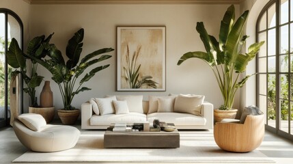 Modern Minimalist Living Room with Large Indoor Plants and Natural Light