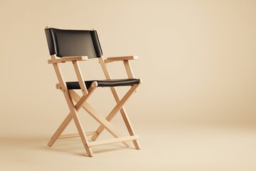 A sleek wooden director's chair with black leather seating, set against a beige background, showcasing minimalist design.