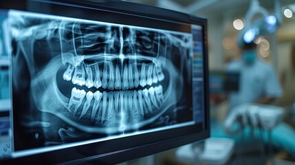 High-resolution monitor illuminates with panoramic x-ray imaging, portraying a modern dental practice anchored in advanced technology and patient-centered care.