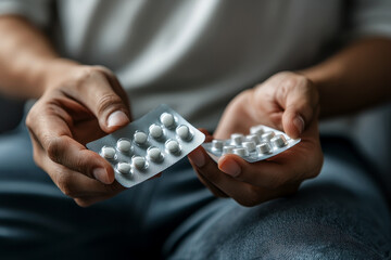 hand holding pack of tablet blisters at workplace closeup.