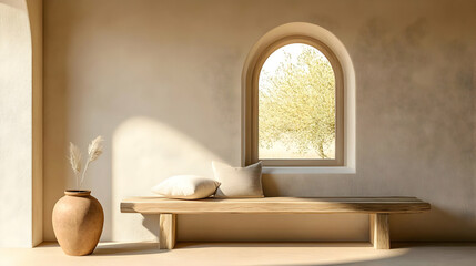 A serene interior scene with a wooden bench, vase, and a view of nature through an arched window.