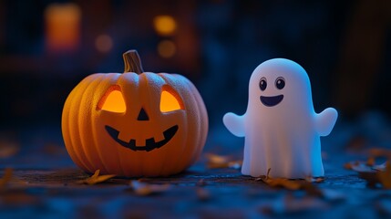 It's Halloween! A smiling jack-o'-lantern with a spooky face sits next to a silly white ghost. The scene is perfect for a scary party, and it looks like it was made from plastic.