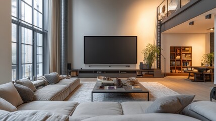 Fototapeta premium Modern Loft Living Room with Large Windows, Cozy Seating, and Home Theater Setup