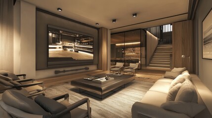 Fototapeta premium Modern Luxury Living Room with Elegant Furniture and Ambient Lighting in a Contemporary Home
