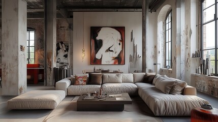 Modern Industrial Loft with Contemporary Art and Cozy Seating Area in Urban Setting