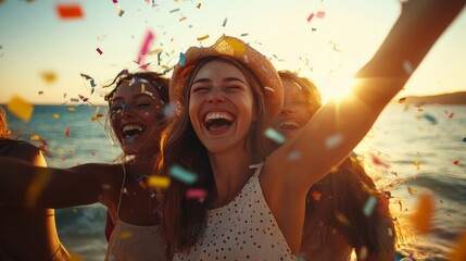 Obraz premium A woman on the beach rejoices under a shower of confetti at sunset, her arms stretched up high, symbolizing freedom, joy, and celebration with her friends around.