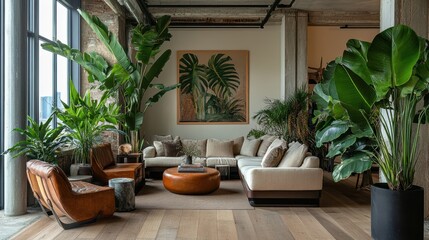 Cozy Modern Living Room with Large Windows, Indoor Plants, and Comfortable Furniture in an Industrial Loft Setting