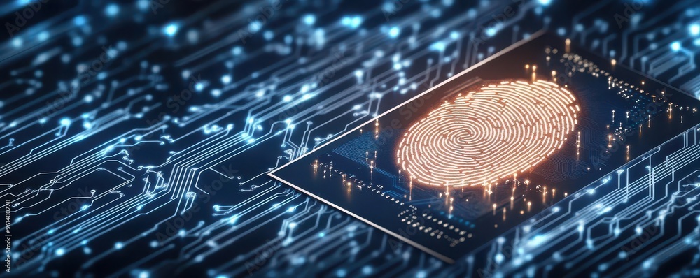 Poster fingerprint on a biometric card with embedded microchip details, fingerprint biometrics, modern iden