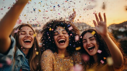 Obraz premium Friends celebrating with confetti at sunset festival, their faces lit with radiant smiles and joy as they bask in the glow of the summer evening, radiating unity and happiness.