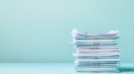 A stack of organized papers with binder clips on a soft blue background.