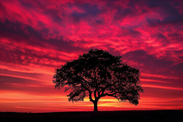 Obraz premium Scenic sunset with a single tree silhouette against a deep red and orange sky, perfect for nature, landscape, and travel photography.