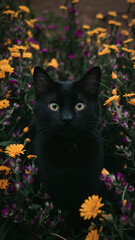 A captivating photograph showcasing a stunning black cat gracefully posing among vibrant violet and yellow flowers. The cat's eyes gleam with curiosity as it sits amidst the lush floral landscape.