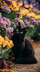 A captivating photograph showcasing a stunning black cat gracefully posing among vibrant violet and yellow flowers. The cat's eyes gleam with curiosity as it sits amidst the lush floral landscape.