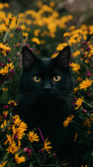 A captivating photograph showcasing a stunning black cat gracefully posing among vibrant violet and yellow flowers. The cat's eyes gleam with curiosity as it sits amidst the lush floral landscape.
