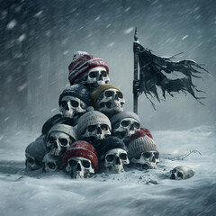 A chilling winter scene where a snow-filled blizzard is raging. A haunting heap of skulls is center stage, each one wearing a different winter cap. A tattered, torn black flag stands defiantly in the 