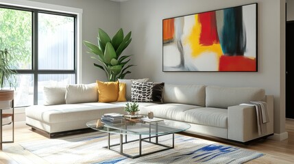 Fototapeta premium Modern Living Room with Contemporary Art, Large Windows, and Comfortable Sofa in a Bright and Stylish Home Interior