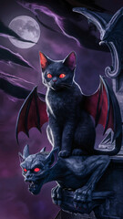 A striking 3D render of a bat-inspired cat sitting on a gothic-style stone gargoyle. The bat cat has glowing red eyes and sharp, angular features, while the gargoyle features intricate carvings and a 
