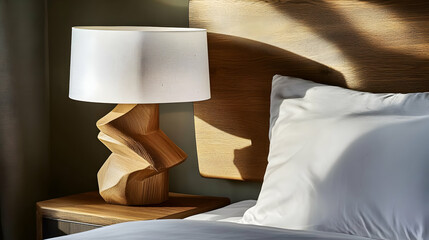 A stylish bedside lamp beside a bed with a cozy pillow, creating a warm atmosphere.