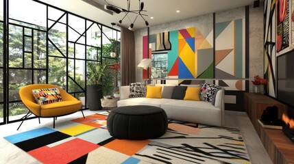 Modern Living Room with Geometric Wall Art and Contemporary Furniture in a Bright and Stylish Home Interior