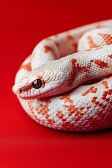 Fototapeta premium Close-up of a snake on a striking red background. Year of the Snake background. 
