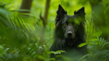  A tight shot of a canine in a woodland setting gazing at the lens with a hazy expression