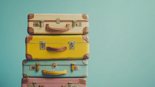 A stack of vintage suitcases in various colors against a light blue background.