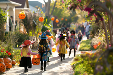 Children dressed up in halloween costumes walking down a path during the day holding bags of candy