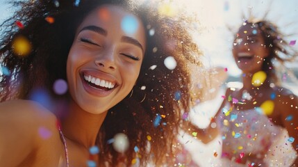 A close-up of a woman with a jubilant smile, surrounded by a burst of colorful confetti during an exuberant outdoor celebration, exuding happiness and vitality.