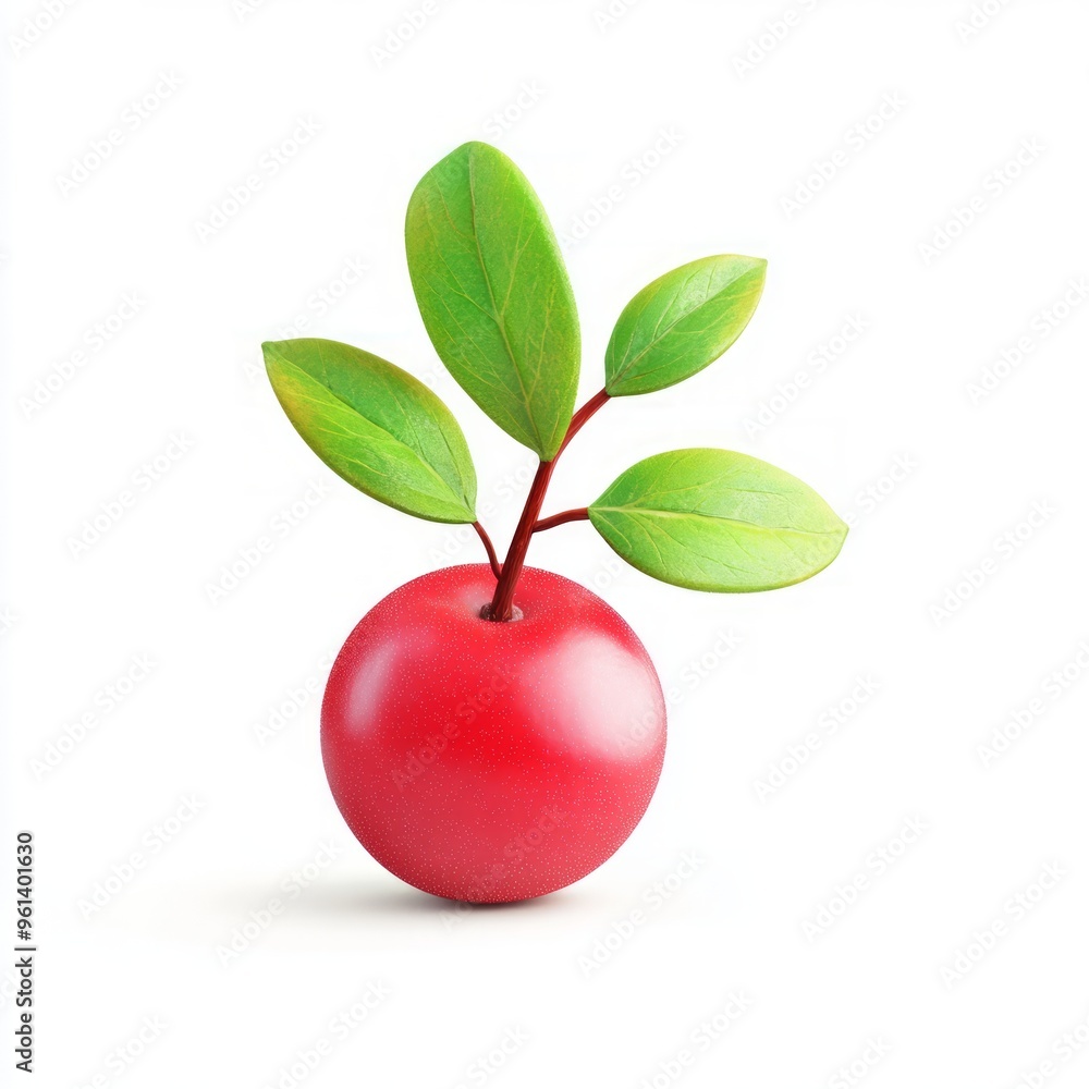 Wall mural a single, ripe red cranberry with green leaves on a white background.