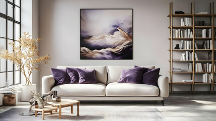 A stylish living room featuring a light sofa, purple cushions, and a modern art piece.