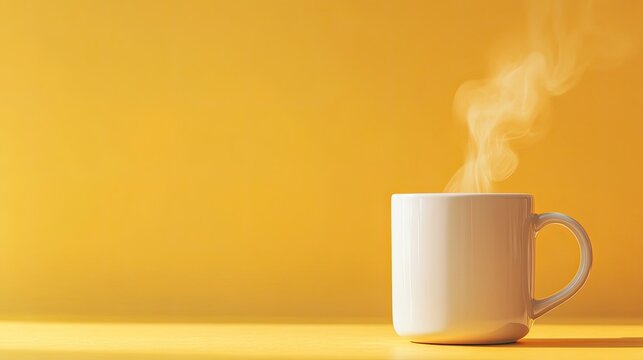 A steaming white mug on a bright yellow background, suggesting warmth and comfort.